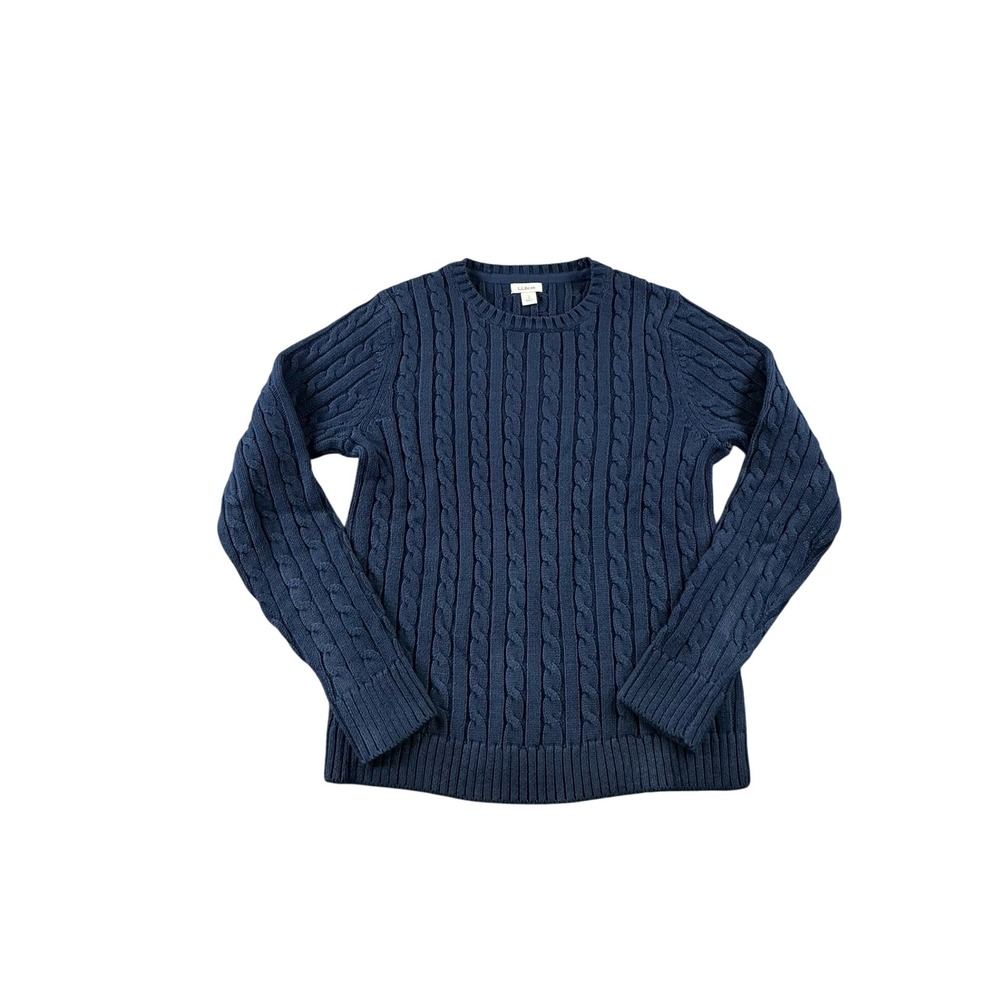 LL Bean Navy Blue Cable Knit Cotton Sweater Crew Neck Small 258841